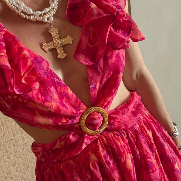 NEW 12th Tribe Jolie Pink Printed Ruffle Maxi Dress Size MM - Picture 3 of 5